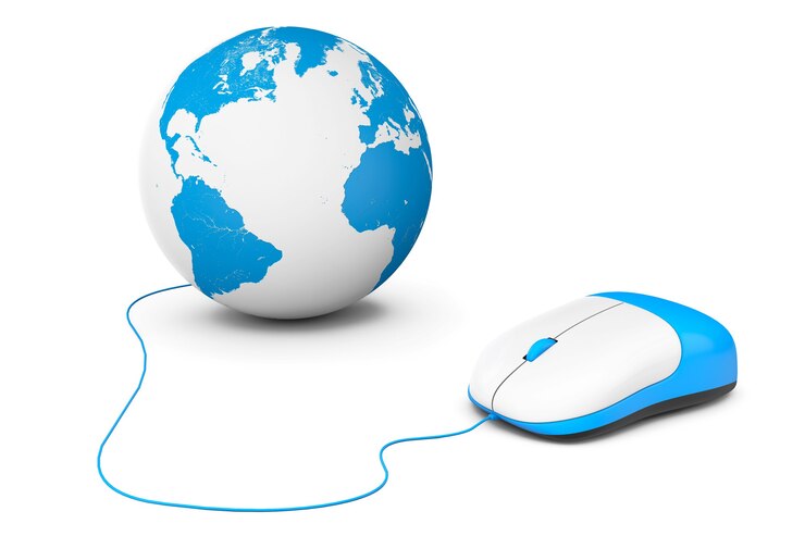 Photo computer mouse connected to earth globe on a white background