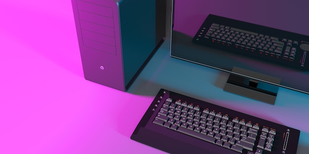 Computer nero con illuminazione al neon rosa, illustrazione 3d