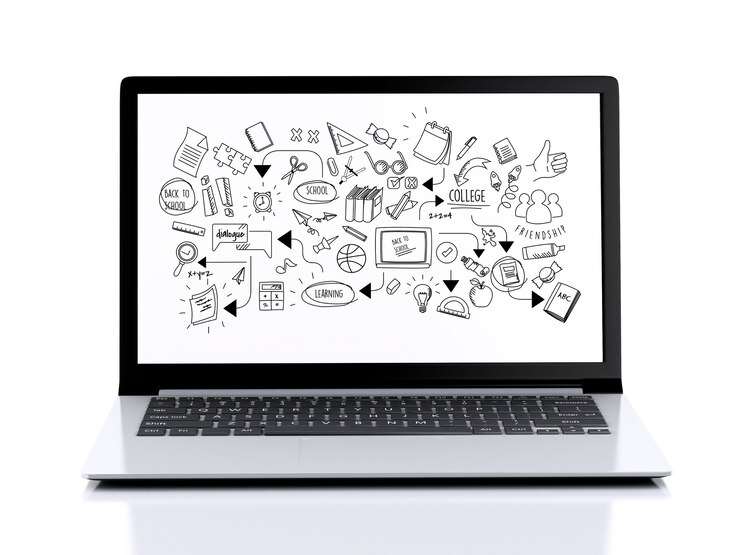 Foto computer portatile 3d con istruzione skecth sullo schermo