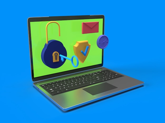 Computer portatile 3d con software di sicurezza con sfondo blu