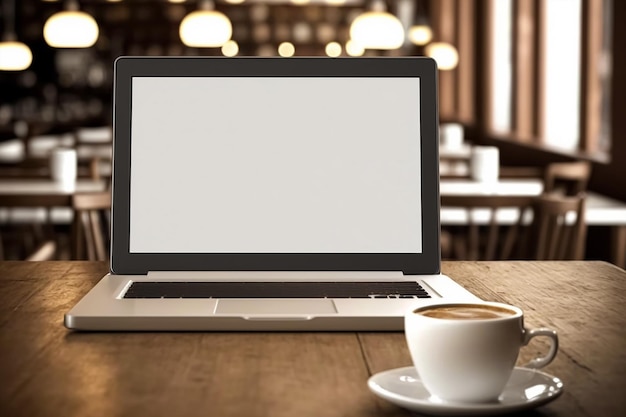 Computer portatile che mostra lo schermo mockup bianco vuoto vuoto nel ristorante della caffetteria IA generativa