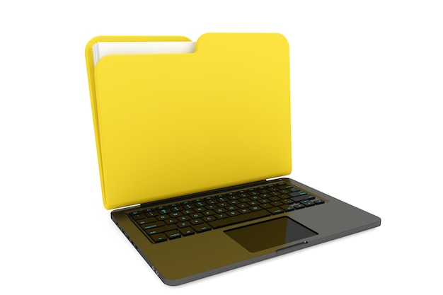 Computer portatile con cartella come schermo su sfondo bianco