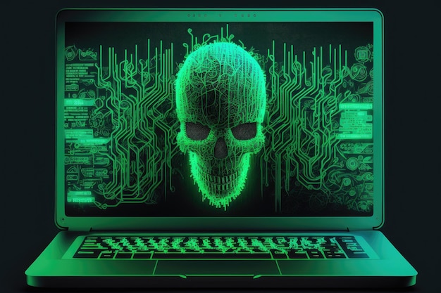 Computer portatile con codice hacker Minacce alla sicurezza informatica della privacy o hacking Programmatore o programmatore che crea malware virus software attacchi online o progetti digitali Dati Web in verde su un computer scr