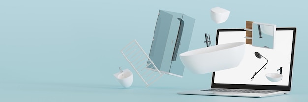 Computer portatile con dettagli bagno volante e sanitari Shopping online Vendita arredo o progetto interno bagno Acquista vasca lavabo wc via internet Banner con copia spazio rendering 3d