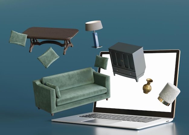 Computer portatile con mobili volanti Shopping online Dettagli interni del negozio di mobili Vendita di mobili o concetto di progetto d'interni Acquista divano tavolo sedia commode via internet Ecommerce rendering 3d