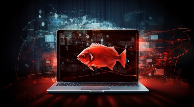 Computer portatile con pesce sullo schermo e un pesce sullo schermo.