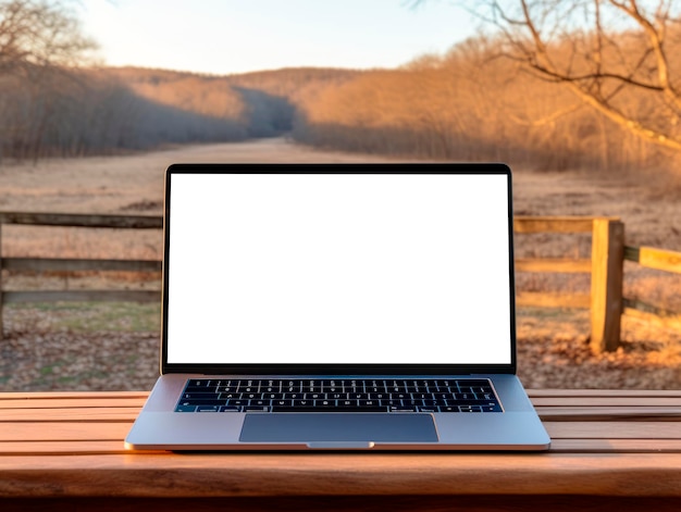 Computer portatile con schermo vuoto su tavolo di legno sullo sfondo della natura IA generativa