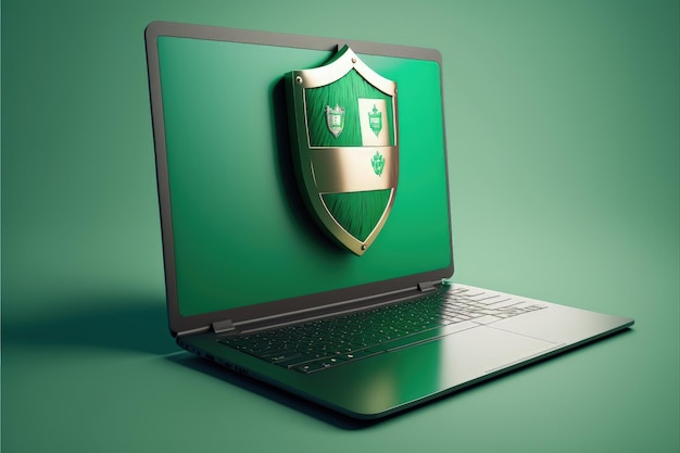 Computer portatile con scudo antivirus sullo schermo concetto di navigazione sicuro sfondo verde IA generativa