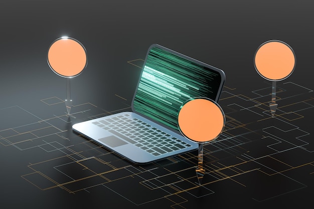 Computer portatile con sfondo nero concetto tecnologico rendering 3d