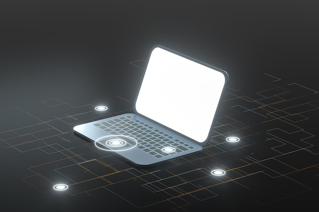 Computer portatile con sfondo nero concetto tecnologico rendering 3d