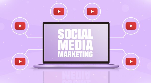 Computer portatile con social media marketing sullo schermo e icone del logo di YouTube intorno a 3d