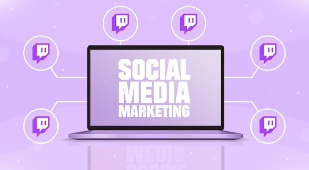 Computer portatile con social media marketing sullo schermo e icone del logo twitch intorno a 3d