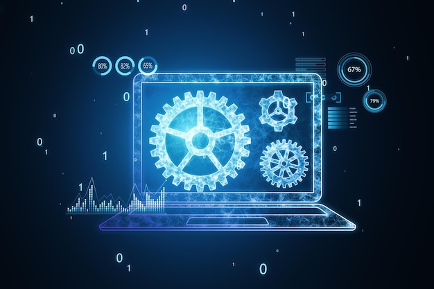 Computer portatile creativo con ruota dentata incandescente sullo schermo Sfondo blu sfocato Regolazione delle opzioni di impostazione dell'app Manutenzione Riparazione Fissaggio Doppia esposizione