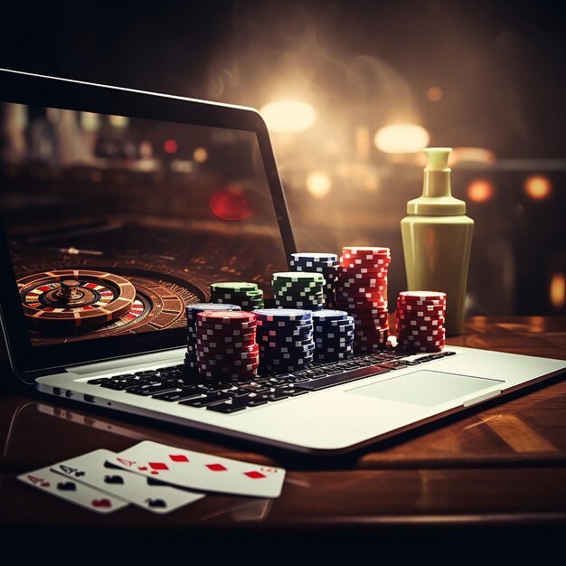 computer portatile di casinò online con chip di roulette e carte da gioco gioco d'azzardo su Internet