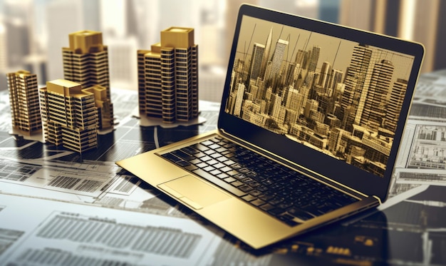 Computer portatile dorato con grafico degli edifici di dubai