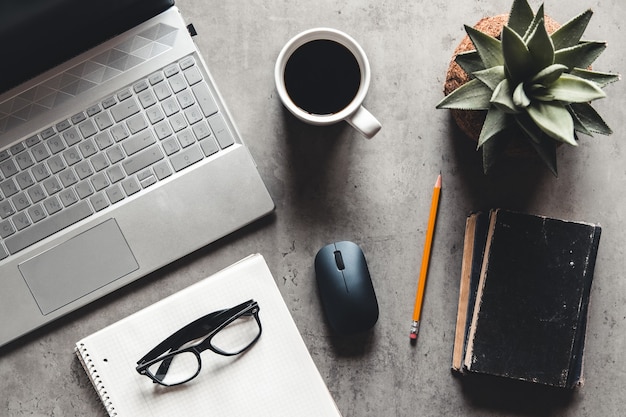 Computer portatile e libro, tazza di caffè, vaso di cactus su superficie grigia