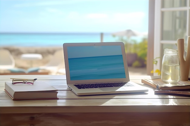 Computer portatile e stazionario sul tavolo con sfondo vista spiaggia