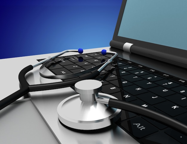 Computer portatile e stetoscopio. concetto di servizio di riparazione. illustrazione 3D