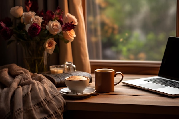 Computer portatile e tazza di caffè su un tavolo in un caffè