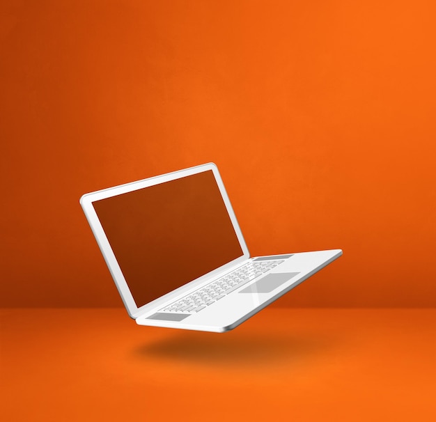 Computer portatile galleggiante isolato su sfondo quadrato arancione