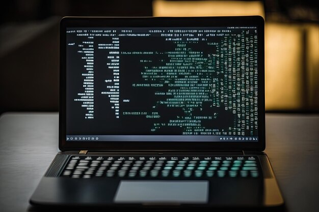 Computer portatile hacker generato dall'intelligenza artificiale con codice binario Internet e sicurezza di rete