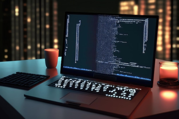 Computer portatile hacker generato dall'intelligenza artificiale con codice binario Internet e sicurezza di rete