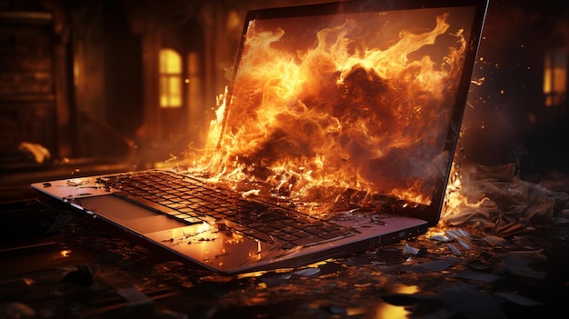 computer portatile in fiamme