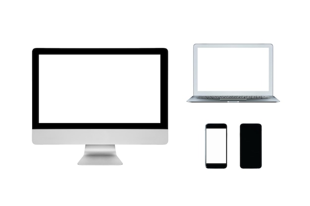 Computer portatile intelligente e smartphone con schermo bianco vuoto isolato su sfondo bianco