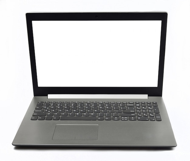 Computer portatile moderno alla moda isolato su superficie bianca