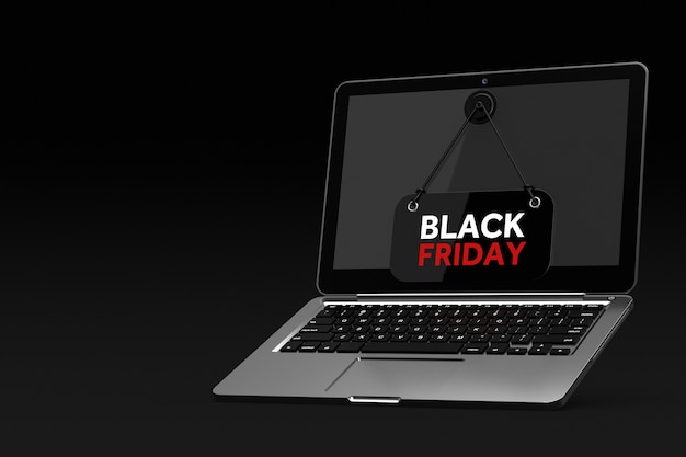 Computer portatile moderno con il Black Friday Sale Hanging Banner Sign su sfondo nero. Rendering 3D