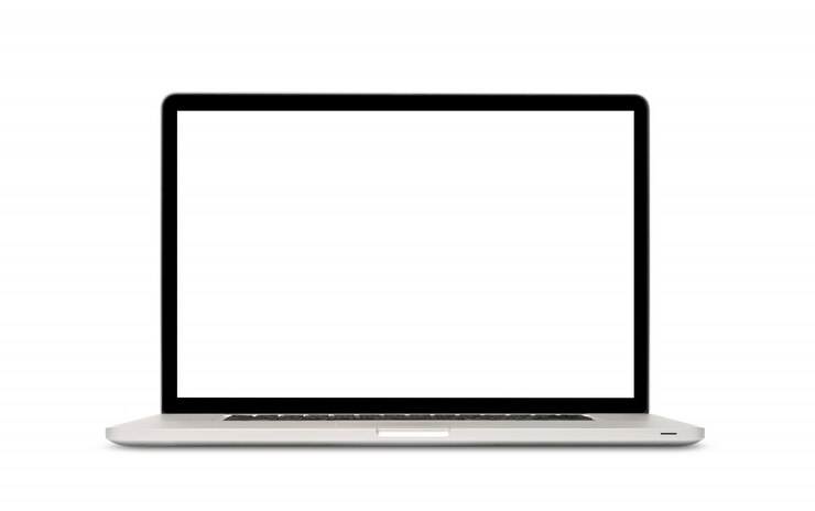 Foto computer portatile moderno con lo schermo in bianco isolato su fondo bianco