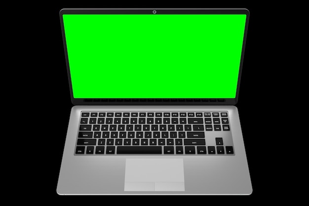 Computer portatile moderno con schermo verde vuoto su sfondo nero 3D'illustrazione