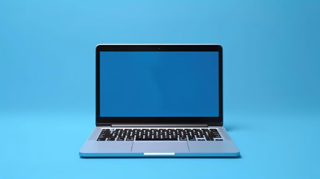 Computer portatile moderno su sfondo blu vista dall'alto Spazio per il testo Computer portatile su sfondo blu