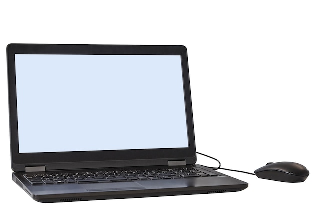 Computer portatile nero con il suo mouse isolato su bianco con tracciato di ritaglio, c'è un percorso per rimuovere il mouse