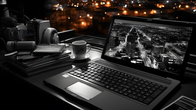 computer portatile seduto su una scrivania con vista sulla città di notte AI generativa