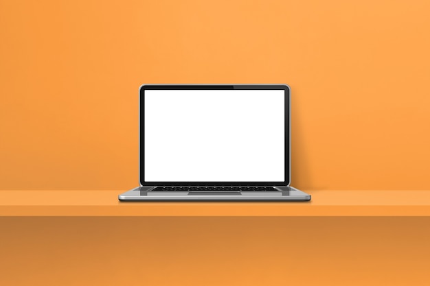 Computer portatile su sfondo arancione scaffale. Illustrazione 3D