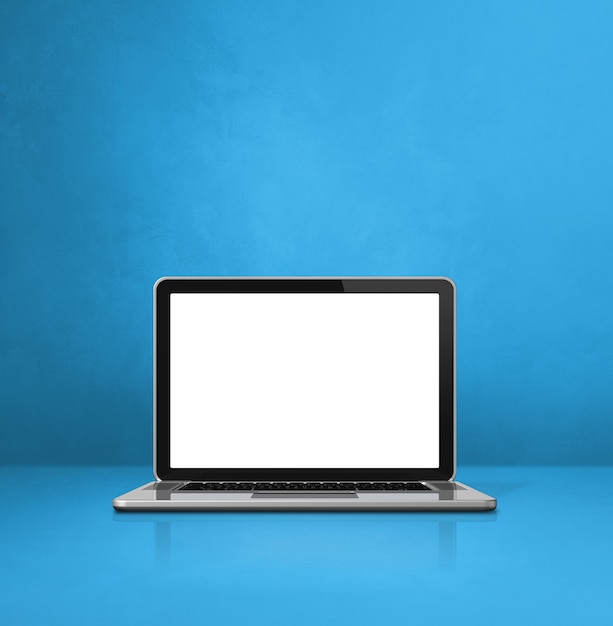 Computer portatile su sfondo blu scena ufficio.