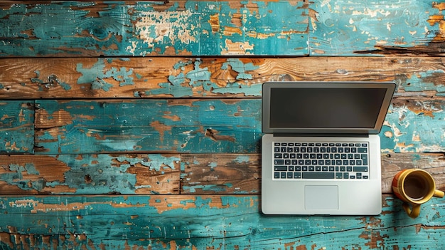 Computer portatile su tavolo di legno