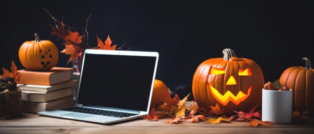 Computer portatile sul fondo della tavola delle decorazioni felici di Halloween