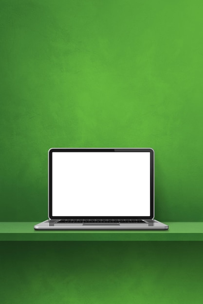 Computer portatile sul ripiano verde Sfondo verticale