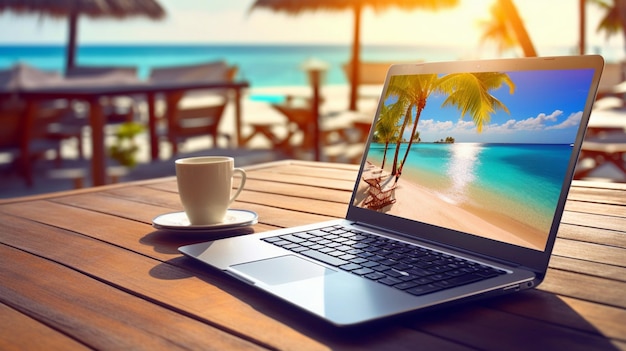 computer portatile sulla tavola di legno sul lavoro online della località di villeggiatura del mare tropicale della spiaggia