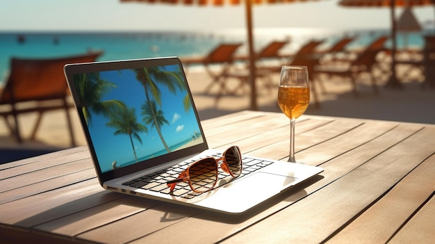 computer portatile sulla tavola di legno sul lavoro online della località di villeggiatura del mare tropicale della spiaggia