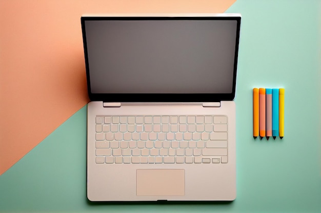 Computer portatile vuoto per testo con penna e matita