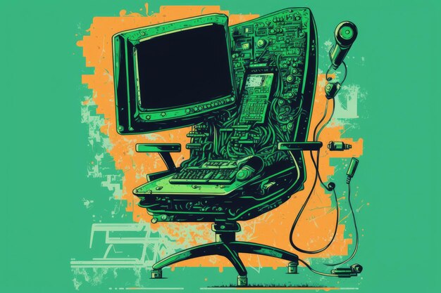 Computer posizionato su una sedia con una scrivania e forniture per ufficio sullo sfondo IA generativa