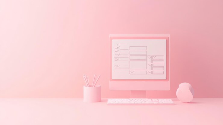 Computer rosa minimalista con lista di cose da fare sullo schermo, matite in una tazza, tastiera e altoparlante su una scrivania rosa