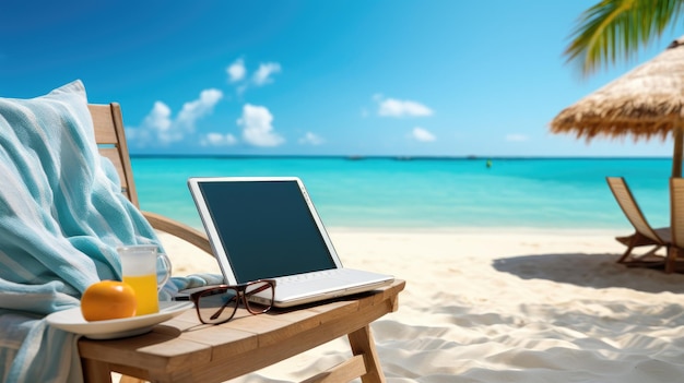 computer tablet e accessori da spiaggia sulla spiaggia sabbiosa con un mare blu e un cielo che rappresenta una miscela perfetta di tecnologia e relax tropicale