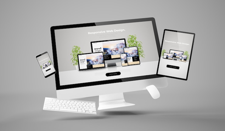 Foto computer, tablet e smartphone che mostrano rendering 3d sito web reattivo