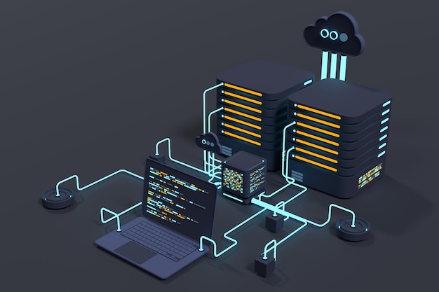 Computer technology 3D illustration Computation of big data center Cloud computing Online devices upload and download information Modern 3D illustration 3D rendering