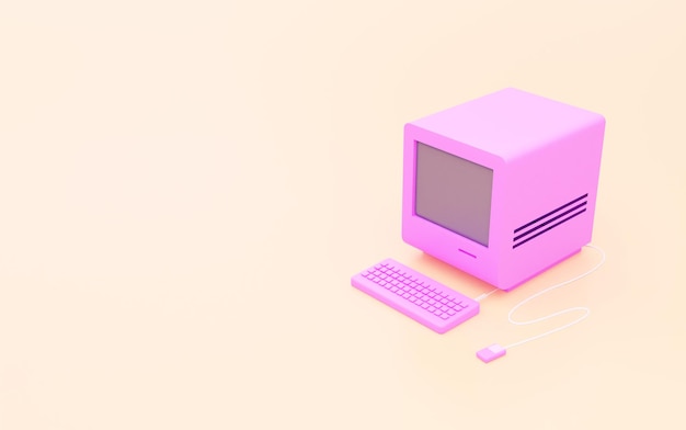 Computer vintage rosa carino in stile cartone animato 3D rendering illustrazione