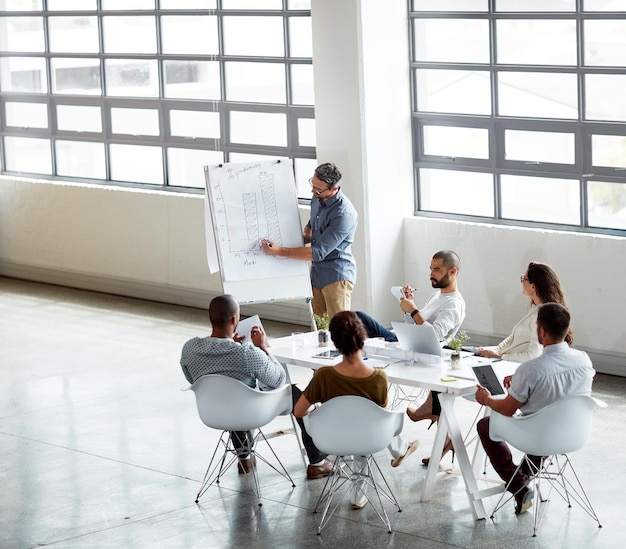 Comunicare le sue idee al team Inquadratura dall'alto di un gruppo di uomini d'affari che si incontrano nella sala del consiglio